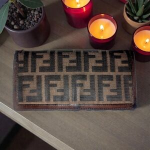 FENDI/Fendi Bifold Long Wallet Canvas & Leather Zucca Pattern/Brown